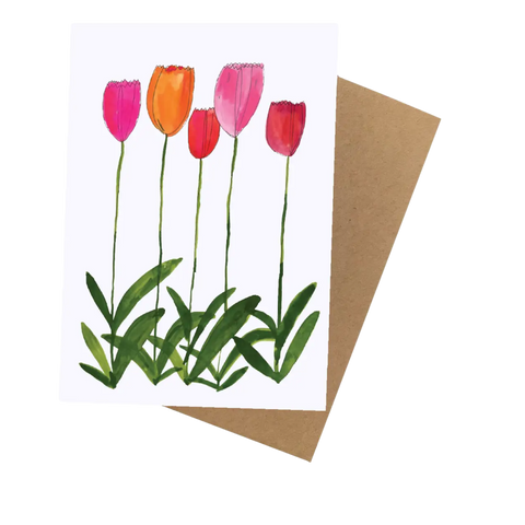 Painted Pink and Red Tulip Flowers Illustrated Notecard